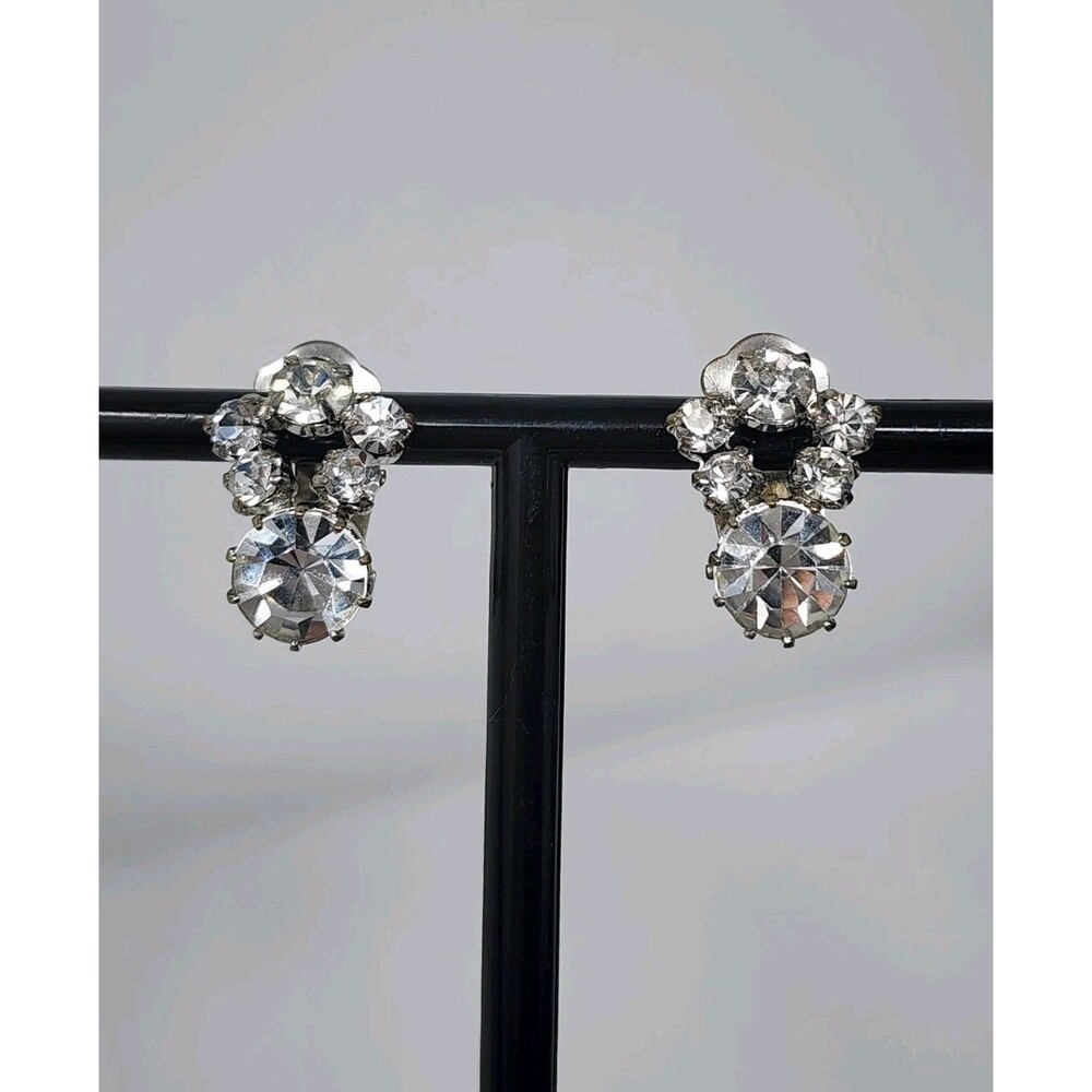 Vintage Clear Rhinestone Clip-On Earrings Silver Tone MCM Glam Flower Wedding